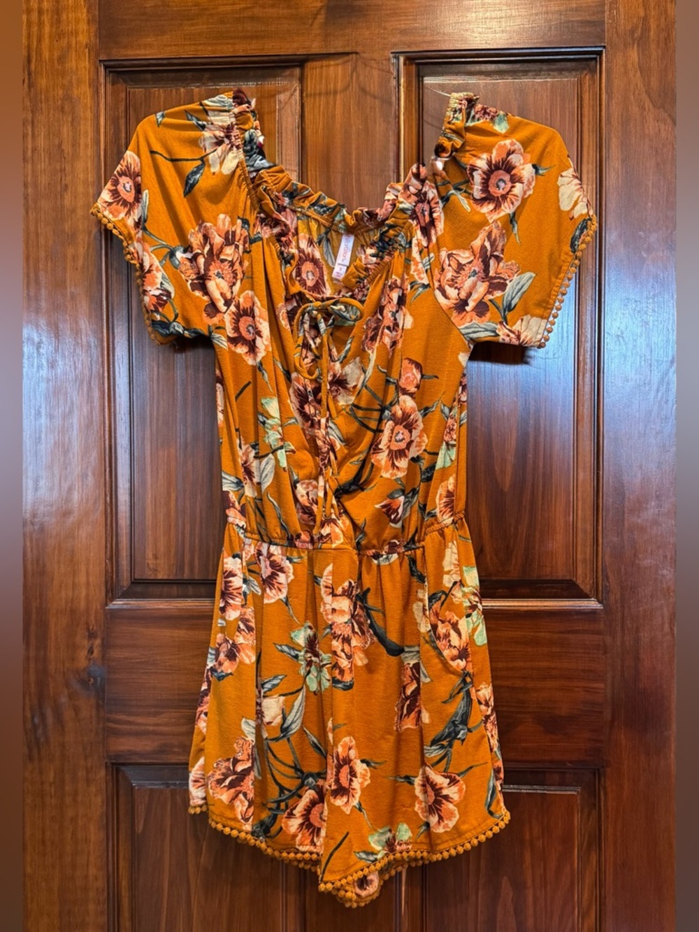 Xhilaration Mustard Floral Romper with Pom Trim